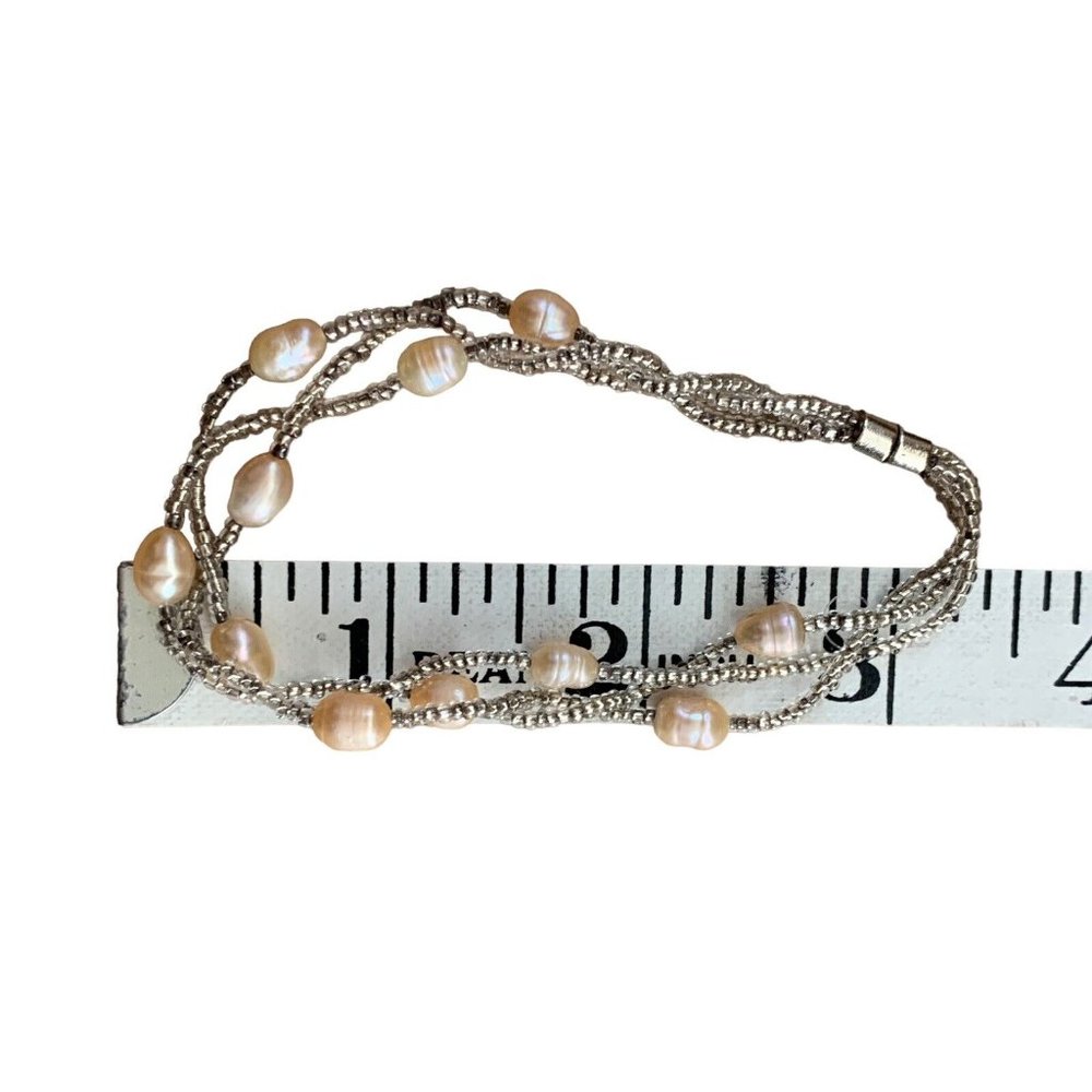 Bracelet Freshwater Pearl Silver Tone Seed Bead Triple Strand Magnet Clasp
